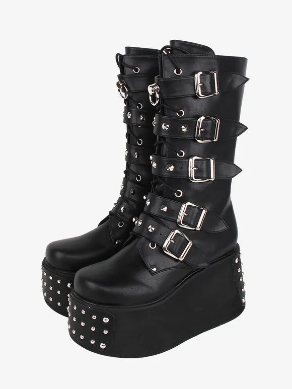Gothic Lolita Boots PU Leather Metallic Grommets Round Toe Black Lolita Footwear