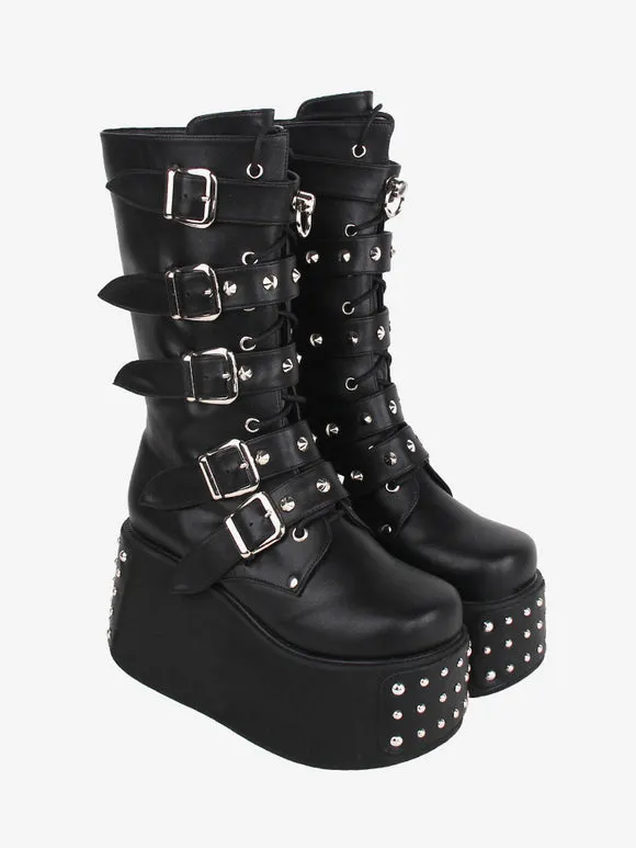 Gothic Lolita Boots PU Leather Metallic Grommets Round Toe Black Lolita Footwear