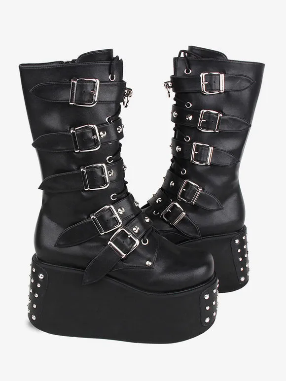 Gothic Lolita Boots PU Leather Metallic Grommets Round Toe Black Lolita Footwear