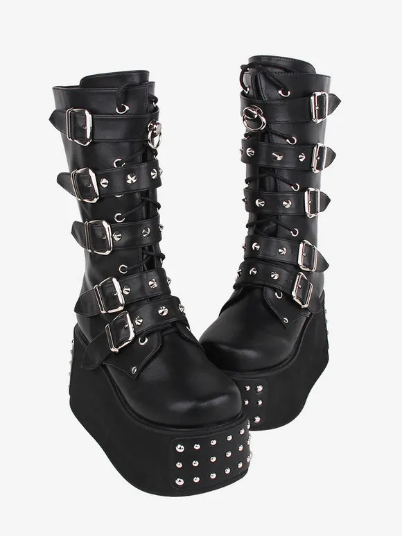 Gothic Lolita Boots PU Leather Metallic Grommets Round Toe Black Lolita Footwear