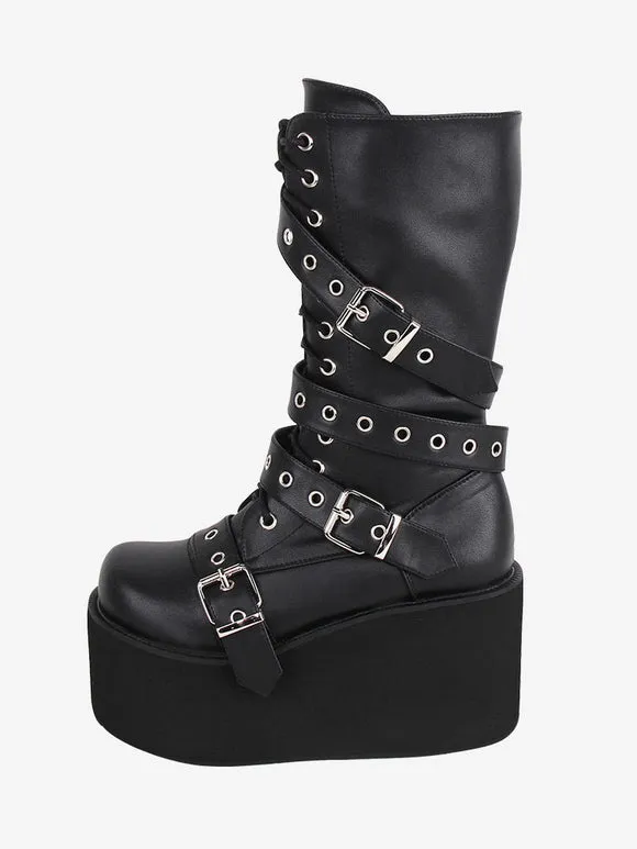 Gothic Lolita Boots PU Leather Metallic Grommets Round Toe Black Lolita Footwear