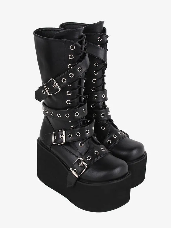Gothic Lolita Boots PU Leather Metallic Grommets Round Toe Black Lolita Footwear