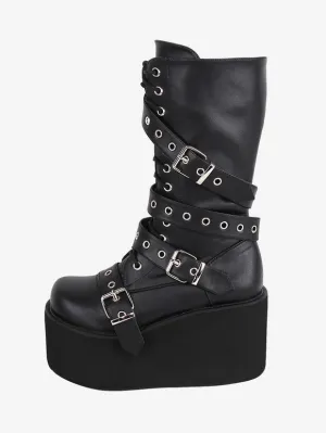 Gothic Lolita Boots PU Leather Metallic Grommets Round Toe Black Lolita Footwear