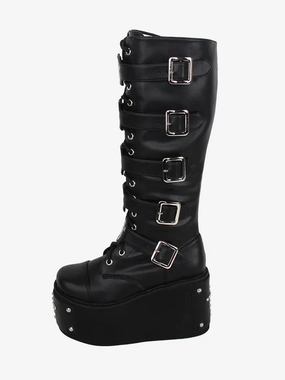 Gothic Lolita Boots PU Leather Metallic Grommets Rivets Round Toe Black Lolita Footwear