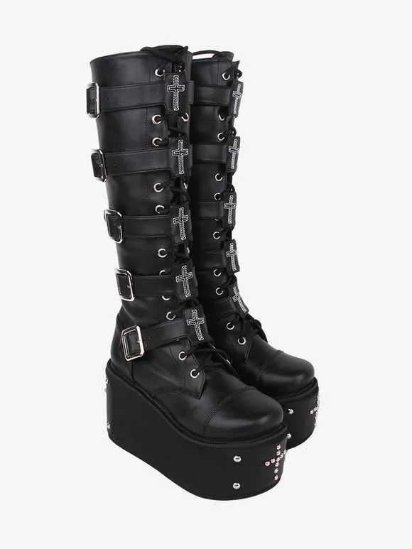 Gothic Lolita Boots PU Leather Metallic Grommets Rivets Round Toe Black Lolita Footwear