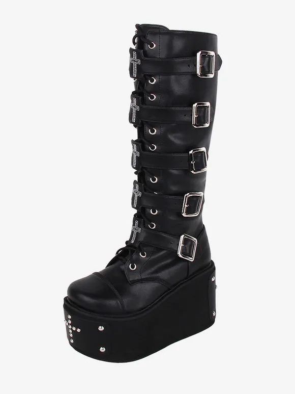 Gothic Lolita Boots PU Leather Metallic Grommets Rivets Round Toe Black Lolita Footwear