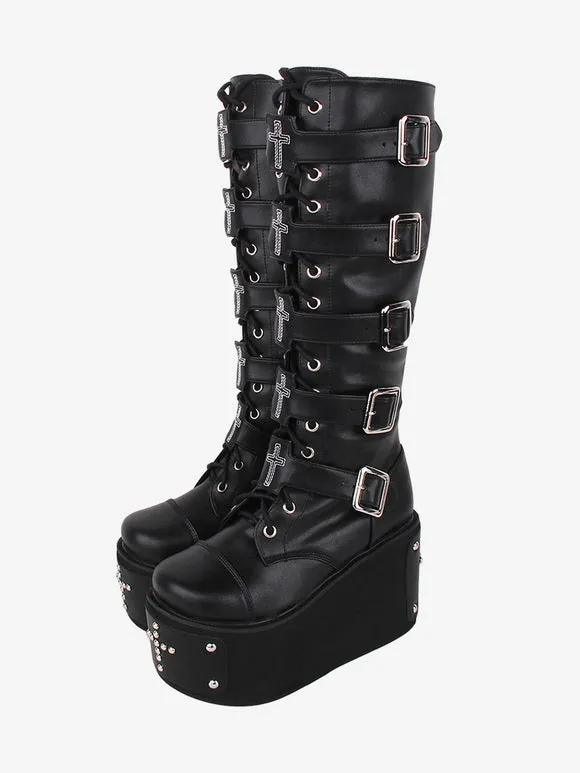 Gothic Lolita Boots PU Leather Metallic Grommets Rivets Round Toe Black Lolita Footwear