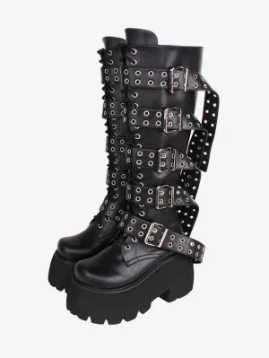 Gothic Lolita Boots PU Leather PU Round Toe Black Lolita Footwear