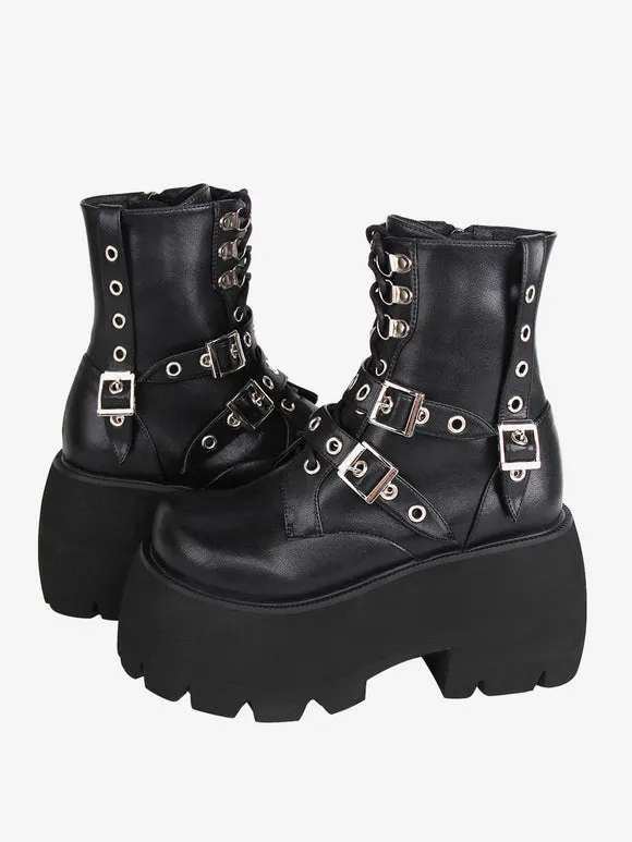 Gothic Lolita Boots PU Leather PU Round Toe Black Lolita Footwear