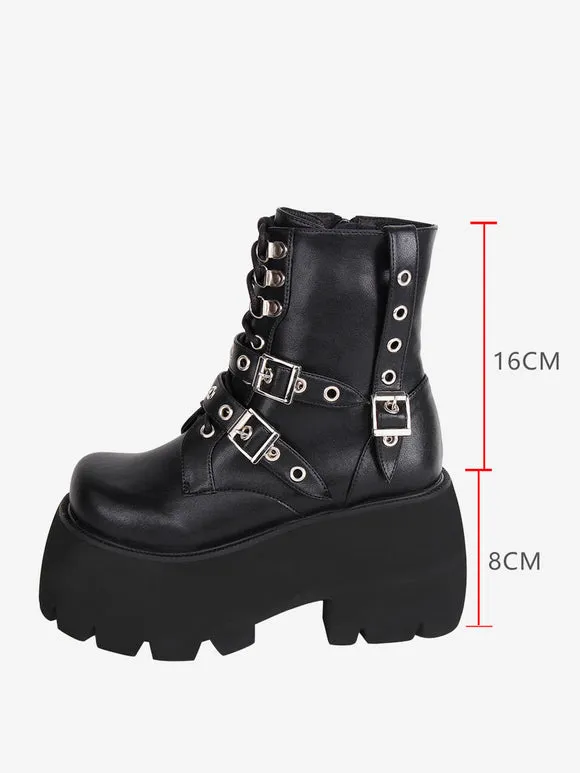 Gothic Lolita Boots PU Leather PU Round Toe Black Lolita Footwear