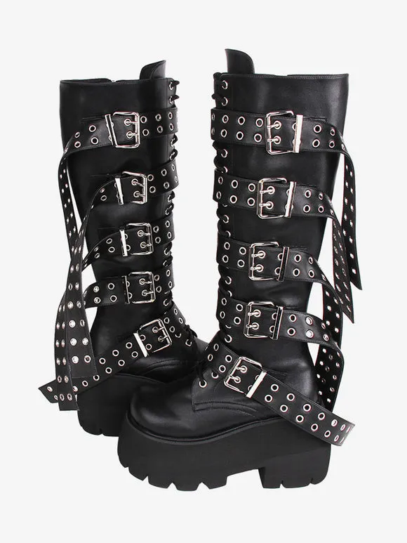 Gothic Lolita Boots PU Leather PU Round Toe Black Lolita Footwear