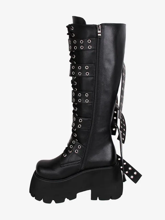 Gothic Lolita Boots PU Leather PU Round Toe Black Lolita Footwear