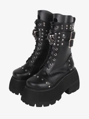 Gothic Lolita Boots PU Leather PU Round Toe Black Lolita Footwear