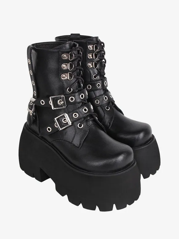 Gothic Lolita Boots PU Leather PU Round Toe Black Lolita Footwear