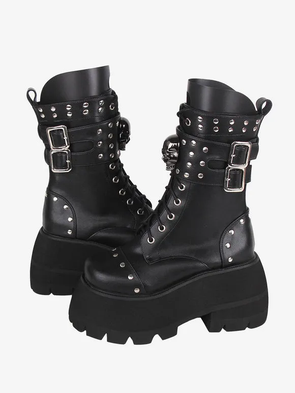Gothic Lolita Boots PU Leather PU Round Toe Black Lolita Footwear