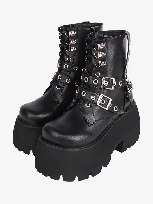 Gothic Lolita Boots PU Leather PU Round Toe Black Lolita Footwear