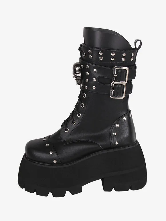 Gothic Lolita Boots PU Leather PU Round Toe Black Lolita Footwear