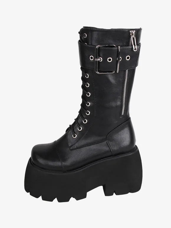 Gothic Lolita Boots PU Leather PU Round Toe Black Lolita Footwear