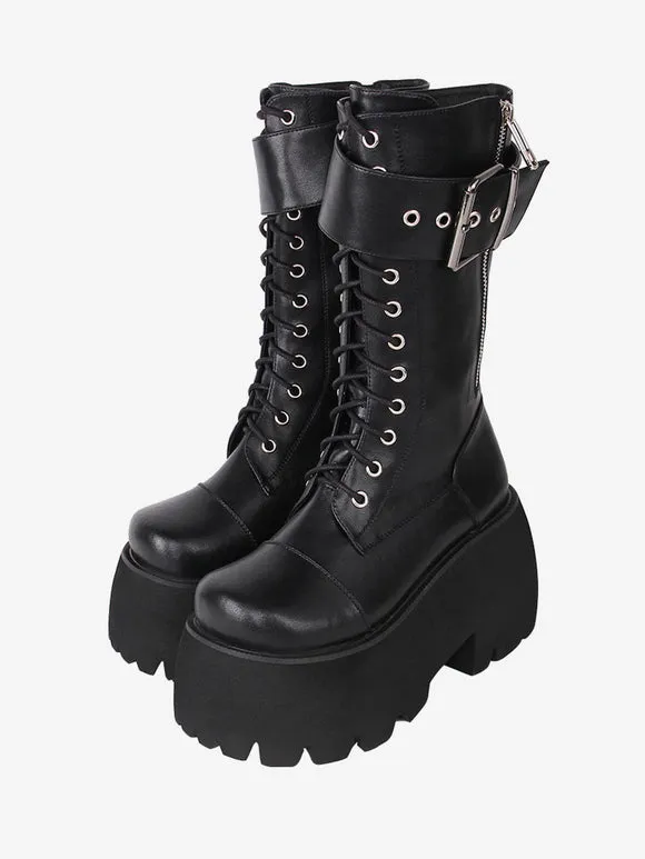 Gothic Lolita Boots PU Leather PU Round Toe Black Lolita Footwear