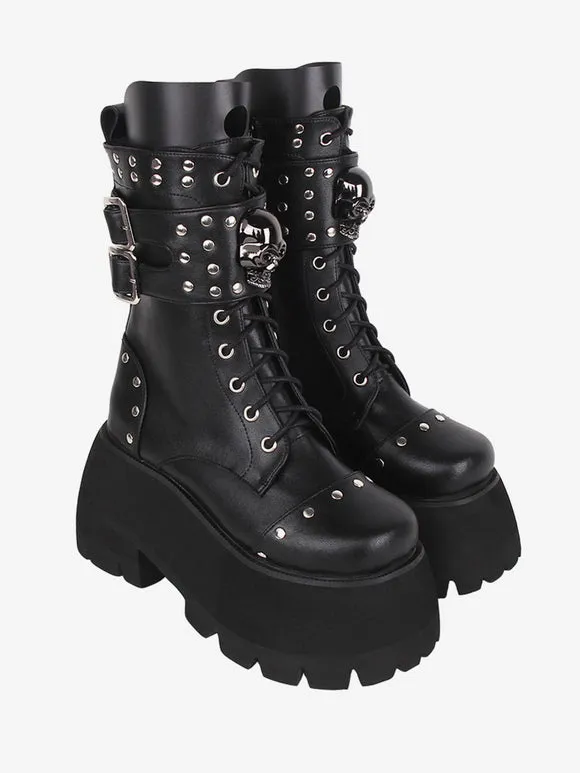 Gothic Lolita Boots PU Leather PU Round Toe Black Lolita Footwear