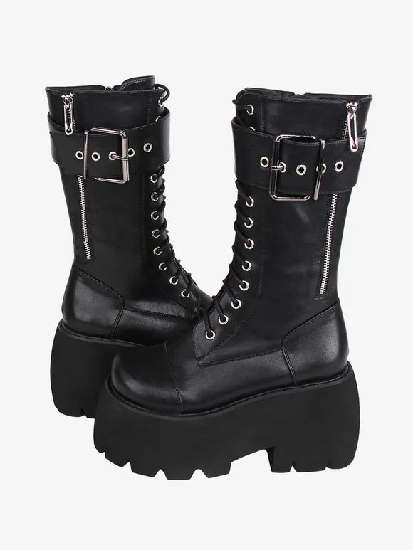 Gothic Lolita Boots PU Leather PU Round Toe Black Lolita Footwear