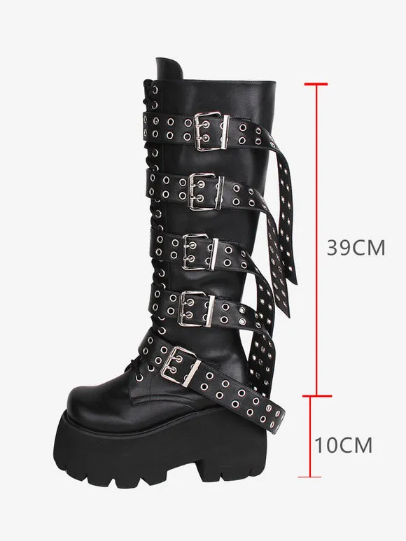Gothic Lolita Boots PU Leather PU Round Toe Black Lolita Footwear