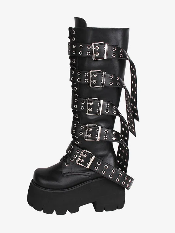 Gothic Lolita Boots PU Leather PU Round Toe Black Lolita Footwear