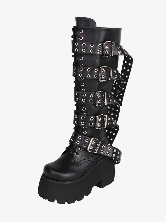 Gothic Lolita Boots PU Leather PU Round Toe Black Lolita Footwear