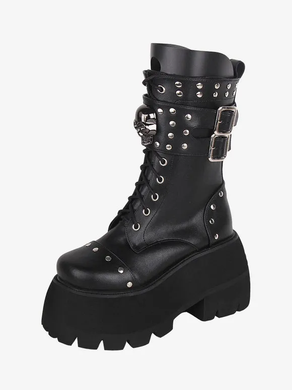 Gothic Lolita Boots PU Leather PU Round Toe Black Lolita Footwear