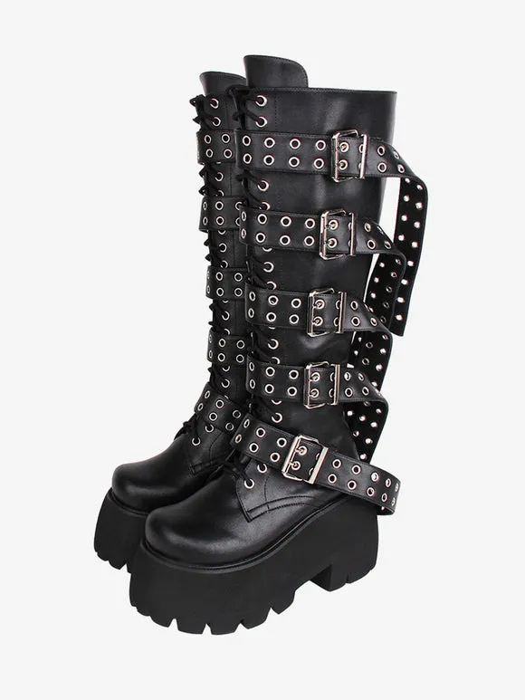 Gothic Lolita Boots PU Leather PU Round Toe Black Lolita Footwear