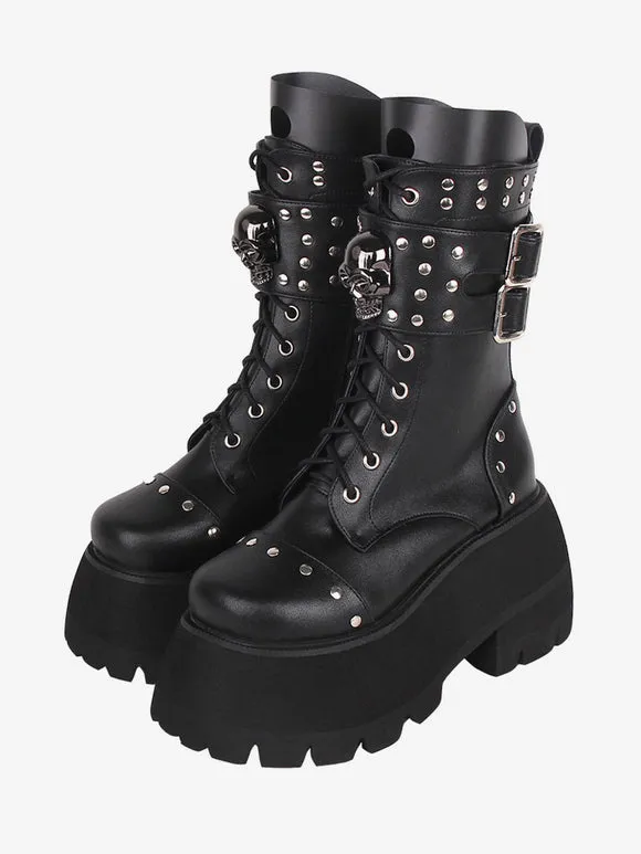 Gothic Lolita Boots PU Leather PU Round Toe Black Lolita Footwear