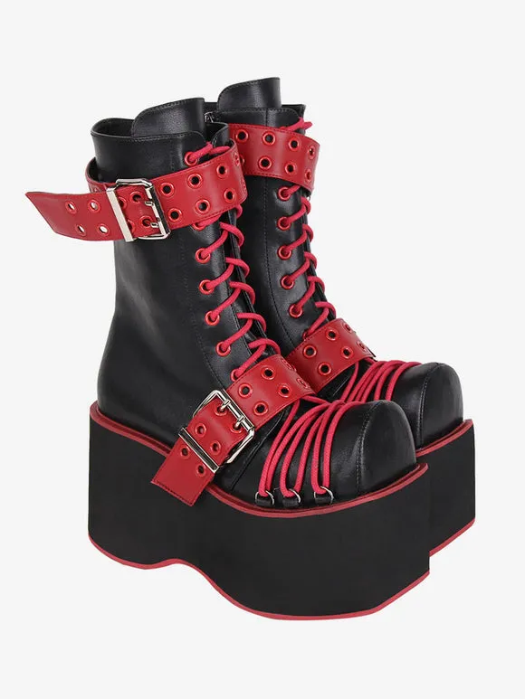 Gothic Lolita Boots PU Leather PU Round Toe Burgundy Lolita Footwear
