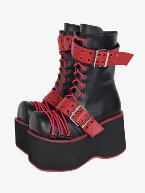 Gothic Lolita Boots PU Leather PU Round Toe Burgundy Lolita Footwear