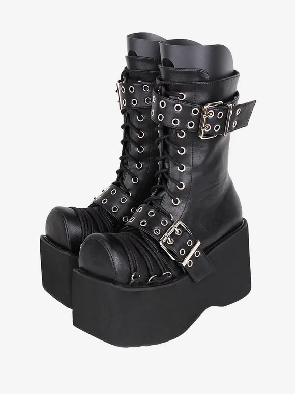 Gothic Lolita Boots PU Leather PU Round Toe Burgundy Lolita Footwear