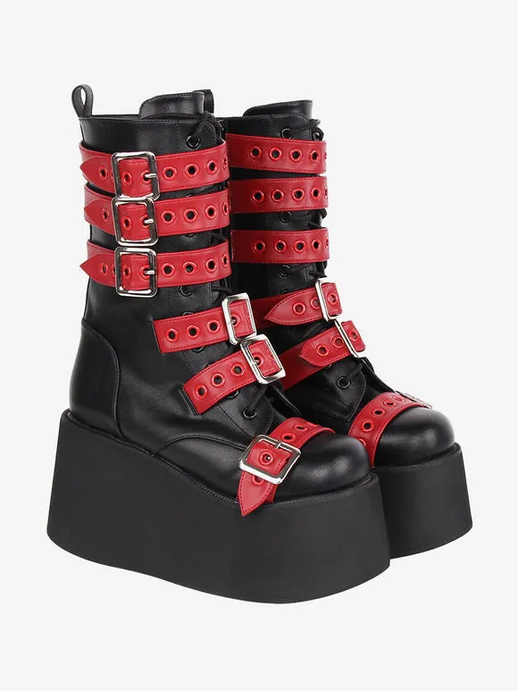 Gothic Lolita Boots PU Leather Two-Tone Grommets Round Toe Black Lolita Footwear