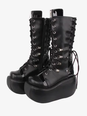 Gothic Lolita Boots PU Leather Two-Tone Grommets Round Toe Black Lolita Footwear