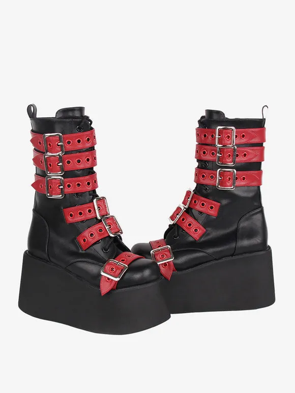 Gothic Lolita Boots PU Leather Two-Tone Grommets Round Toe Black Lolita Footwear