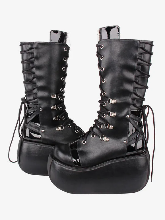 Gothic Lolita Boots PU Leather Two-Tone Grommets Round Toe Black Lolita Footwear