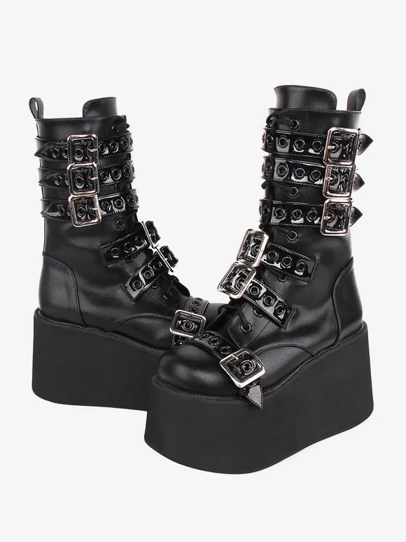 Gothic Lolita Boots PU Leather Two-Tone Grommets Round Toe Black Lolita Footwear