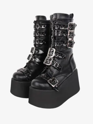 Gothic Lolita Boots PU Leather Two-Tone Grommets Round Toe Black Lolita Footwear