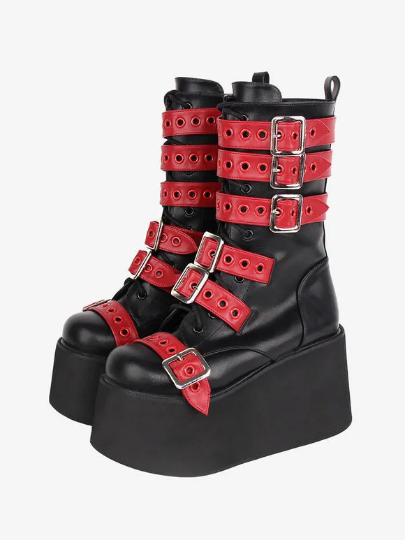 Gothic Lolita Boots PU Leather Two-Tone Grommets Round Toe Black Lolita Footwear