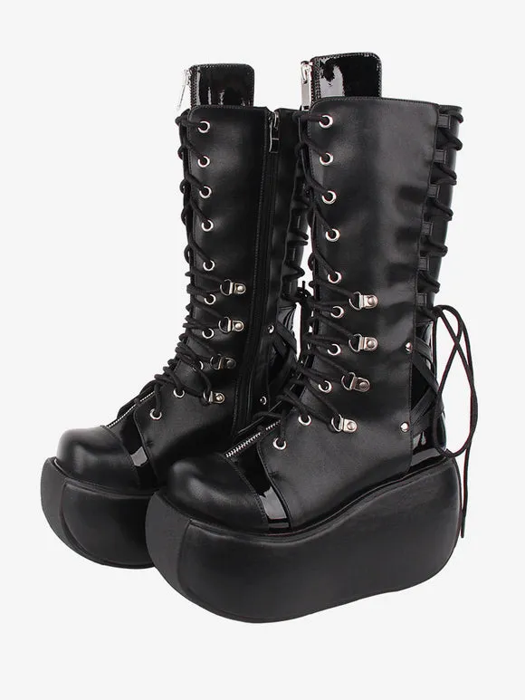Gothic Lolita Boots PU Leather Two-Tone Grommets Round Toe Black Lolita Footwear