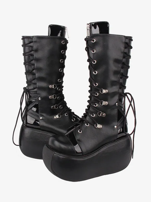 Gothic Lolita Boots PU Leather Two-Tone Grommets Round Toe Black Lolita Footwear