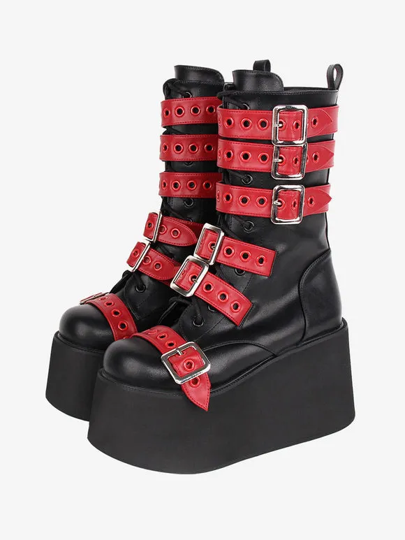 Gothic Lolita Boots PU Leather Two-Tone Grommets Round Toe Black Lolita Footwear