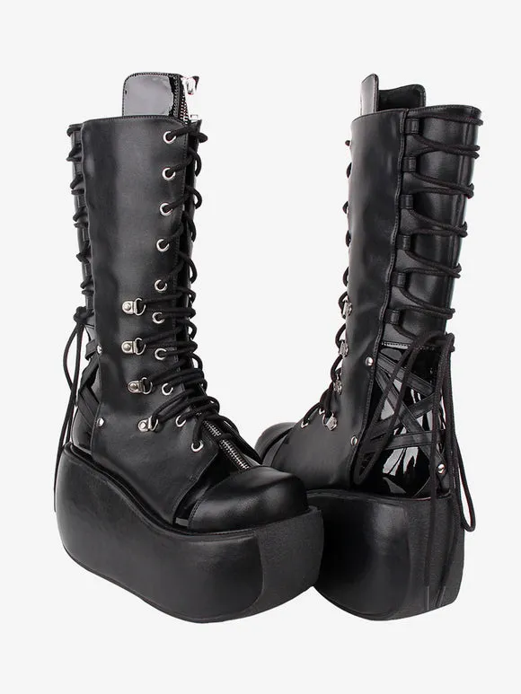 Gothic Lolita Boots PU Leather Two-Tone Grommets Round Toe Black Lolita Footwear