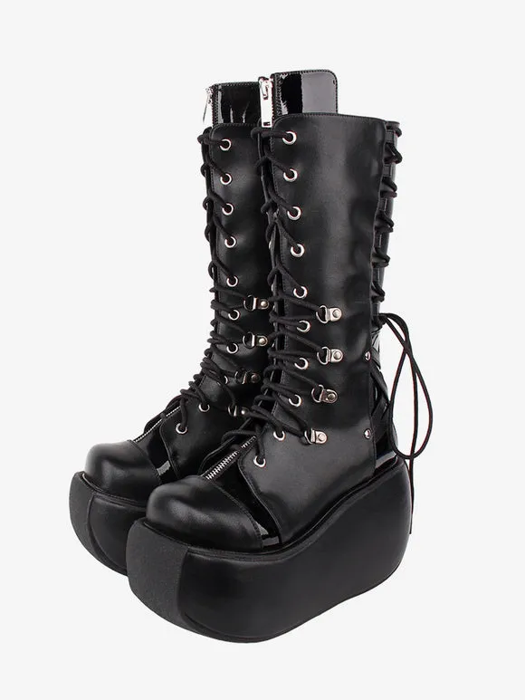 Gothic Lolita Boots PU Leather Two-Tone Grommets Round Toe Black Lolita Footwear