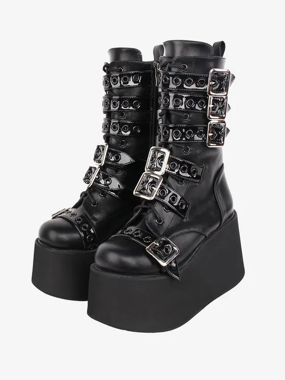 Gothic Lolita Boots PU Leather Two-Tone Grommets Round Toe Black Lolita Footwear