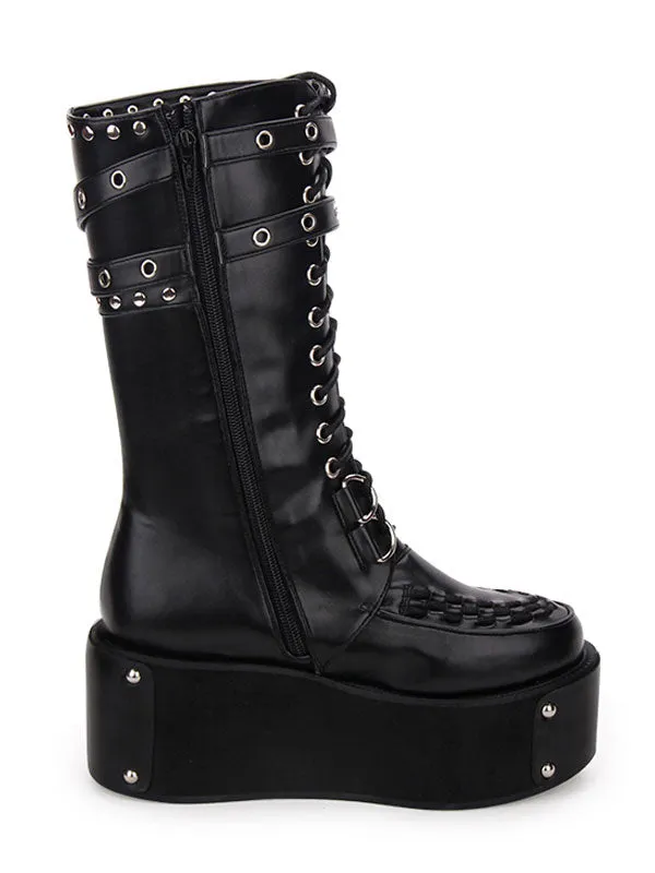Gothic Lolita Boots Rivet Grommet Buckle Lace Up Zipper Platform Black Lolita Footwear