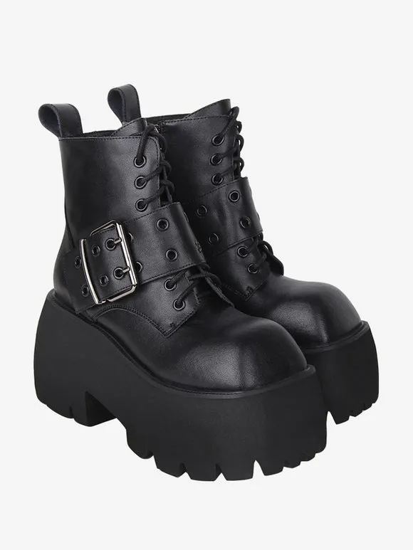 Gothic Lolita Boots White Grommets Metallic Square Toe PU Leather Lolita Footwear