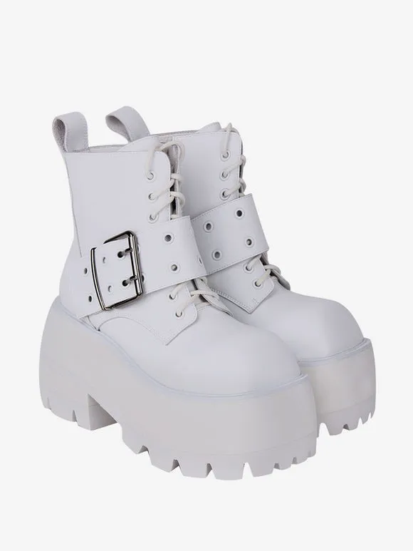 Gothic Lolita Boots White Grommets Metallic Square Toe PU Leather Lolita Footwear